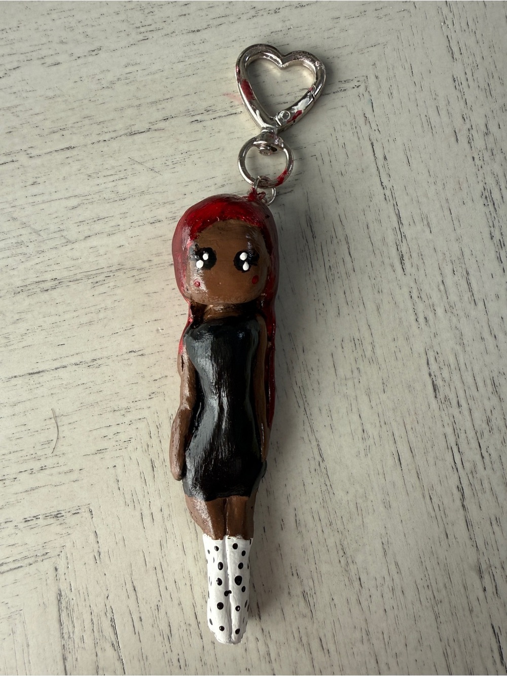 Handmade Doll Keychain with Red Hair and Black Dress